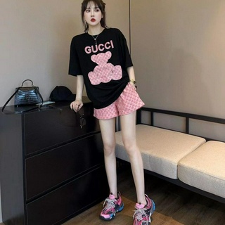 Bộ Áo Thun Ngắn Tay Thêu Hình Gấu + Quần Short Xinh Xắn Dành Cho Nữ