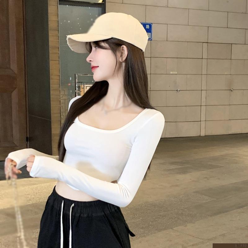 Áo thun croptop tay dài cổ tròn dáng ôm màu trơn phong cách Hàn Quốc thời trang cho nữ