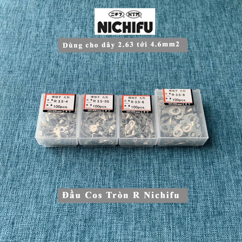 Đầu cos tròn R3.5 Nichifu Nhật Bản - Đầu cốt Nichifu tròn loại trần- chodây 2.63 tới 4.6mm2 R3.5-4 R3.5-5S R3.5-6 R3.5-8