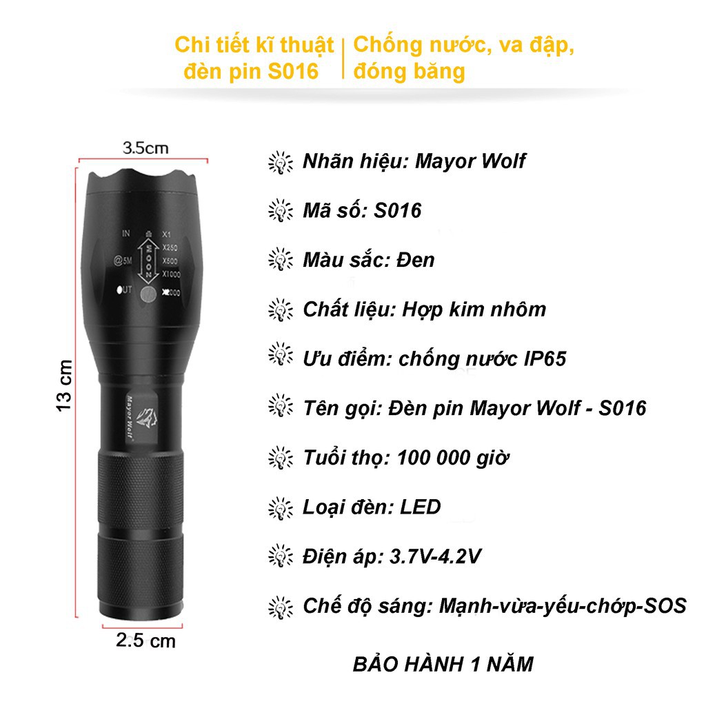 [ĐẦY ĐỦ PHỤ KIỆN] Đèn pin siêu sáng S016 chống nước, sạc siêu bền Mayor Wolf