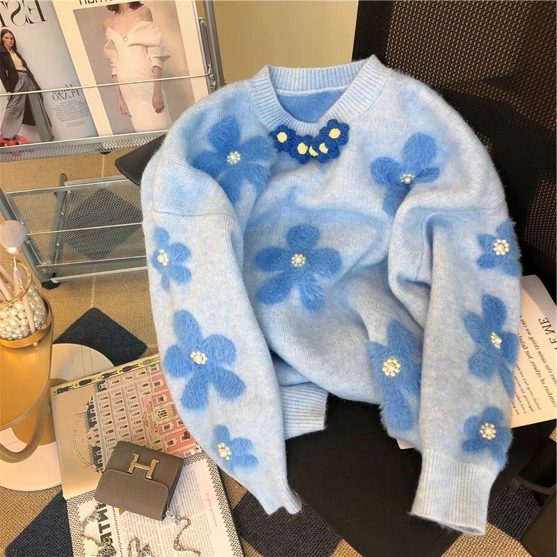 Áo Sweater Màu Xanh Sữa Đính Hạt Mềm Mại Thời Trang Thu Đông 2022 Cho Nữ