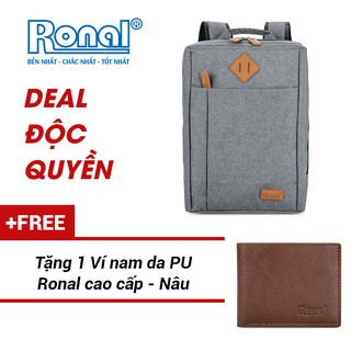 Ba lô Laptop 15,6'' Ronal BL88 - Xám logo bò tặng ví nam màu nâu
