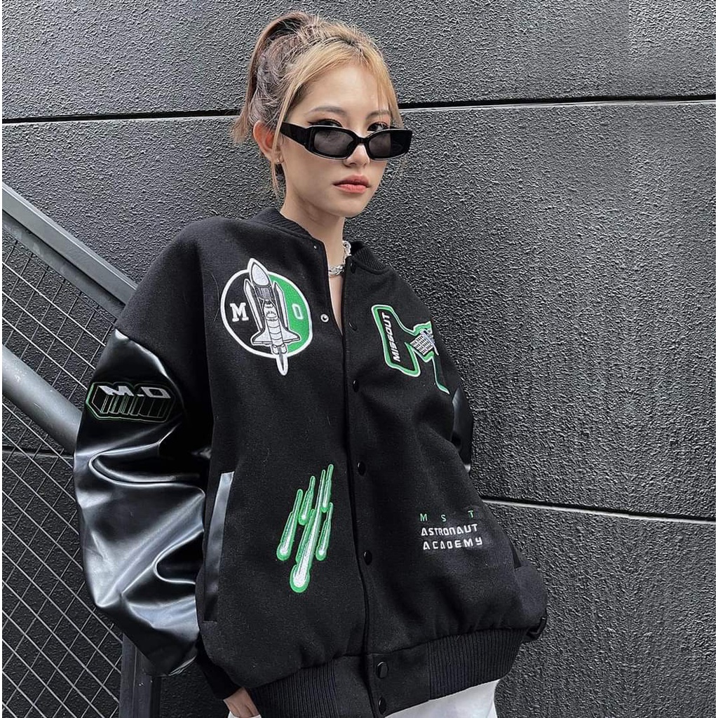 Áo Bomber Nỉ MISSOUT Phối Tay Da 🦋 Áo Khoác Bóng Chày Unisex Dáng Rộng 🦋