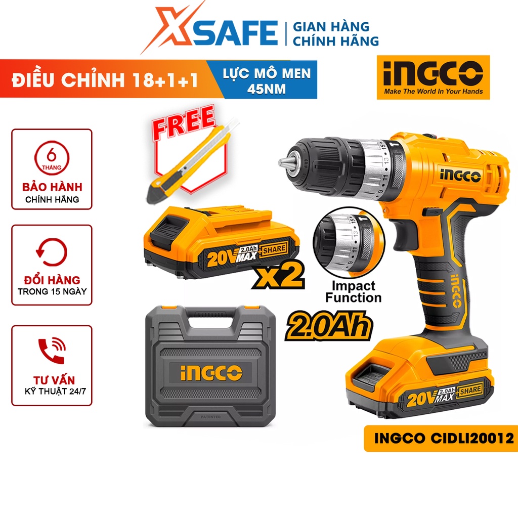 Máy khoan bê tông dùng pin 20V INGCO CIDLI20012 nhông hai tốc độ 400-1500v/p, lực đập 22500v/p, có đèn làm việc