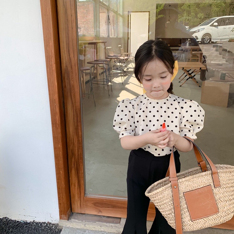 Áo Kiểu Tay Ngắn Hở Lưng Họa Tiết Chấm Bi Phong Cách Hàn Quốc Xinh Xắn Cho Bé Gái