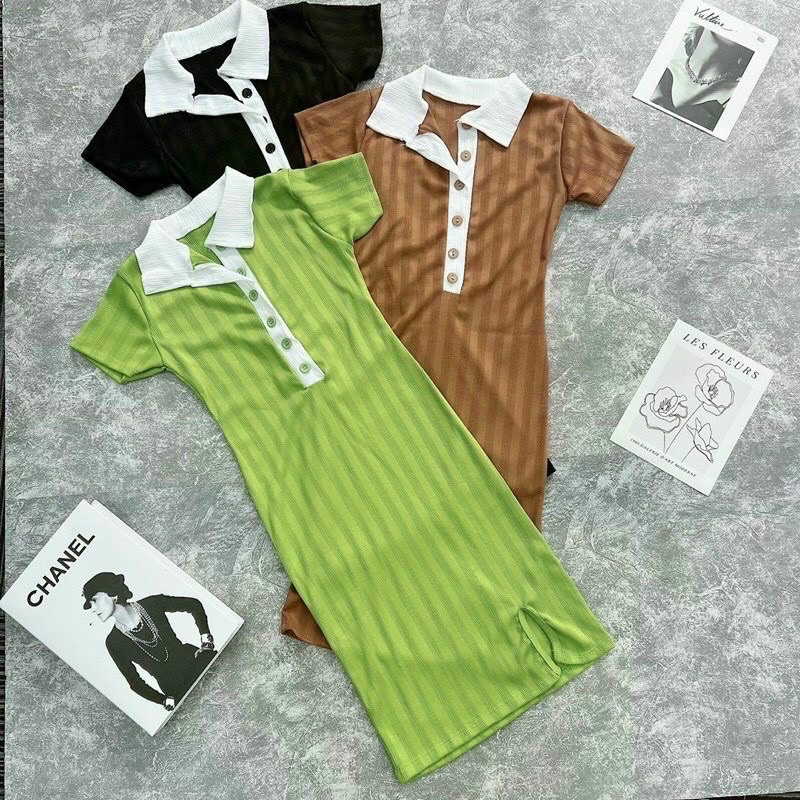 Đầm Polo body phối nút tay ngắn - Đầm body tay con