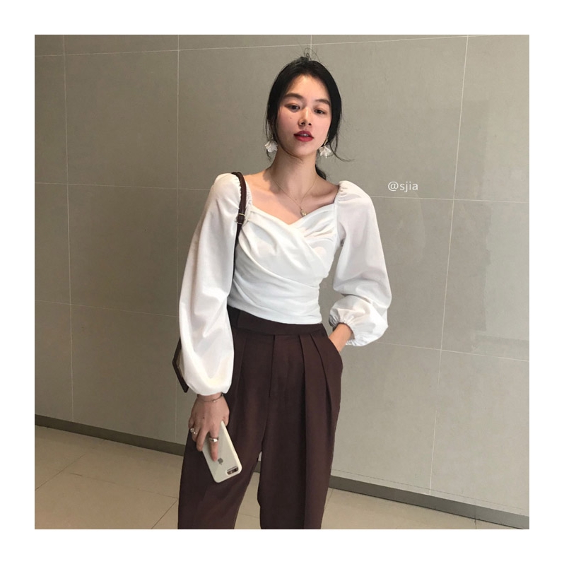 SUXI Áo kiểu cổ tim tay phồng phong cách Hàn Quốc thanh lịch dành cho nữ