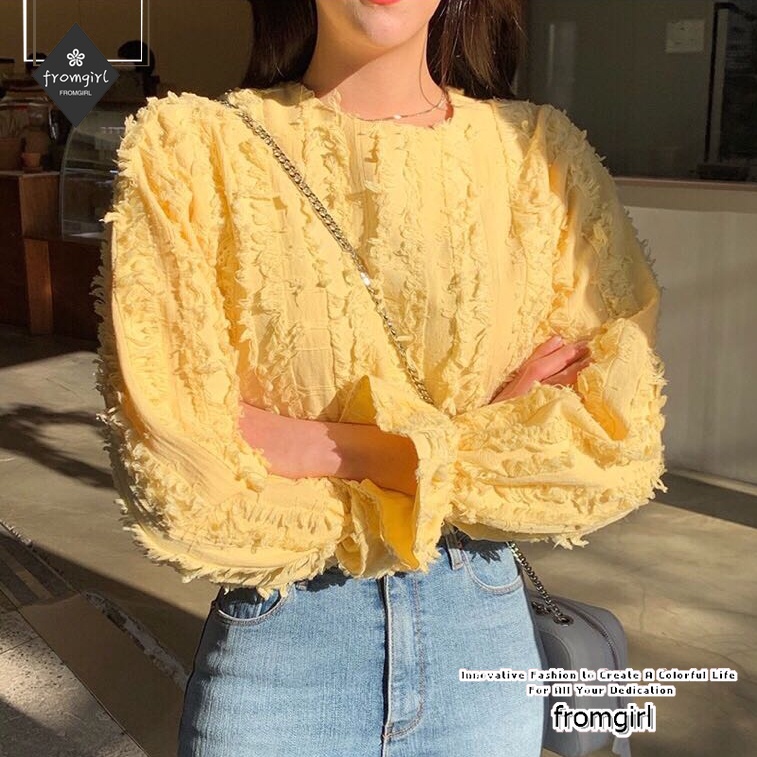Áo Kiểu Tay Dài Cổ Tròn Màu Vàng Sang Trọng Thiết Kế Mới Mùa Xuân Cho Nữ 2022