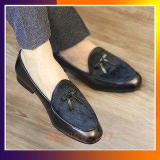 Giày Lười Nam Công Sở Việt Nam - Da Bò, Da Ngựa và lông ngựa, Đế Phíp Gỗ - Màu đen.