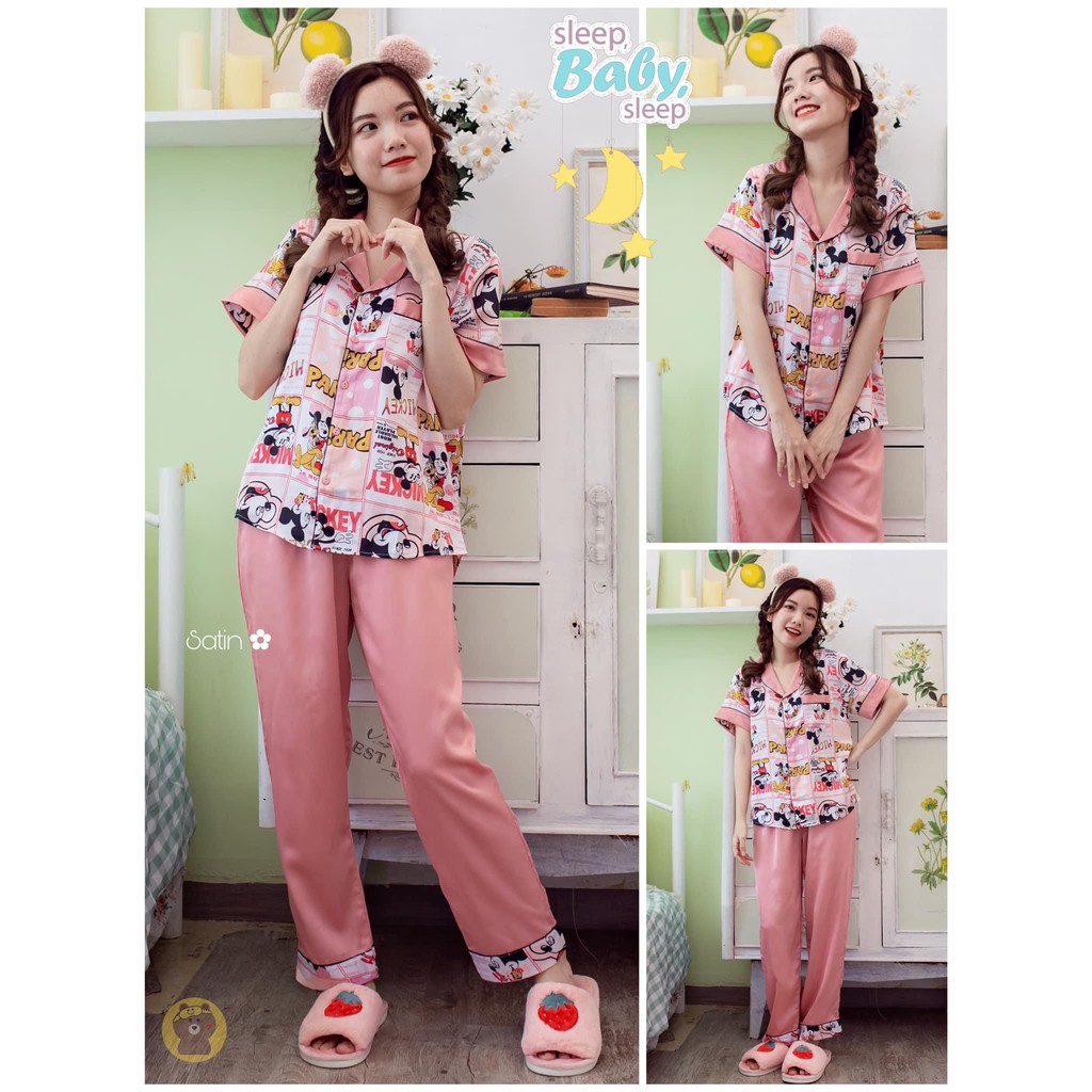 Đồ Bộ Pijama Satin TNQD Phối túi Hoạt hình-Quần Trơn