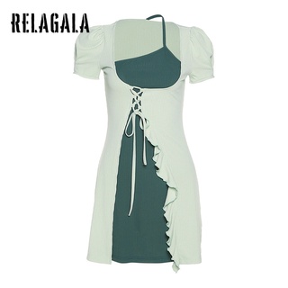 RelaGala Thời Trang Mới Cổ Vuông Tương Phản Bảng Điều Khiển Đầm Mỏng