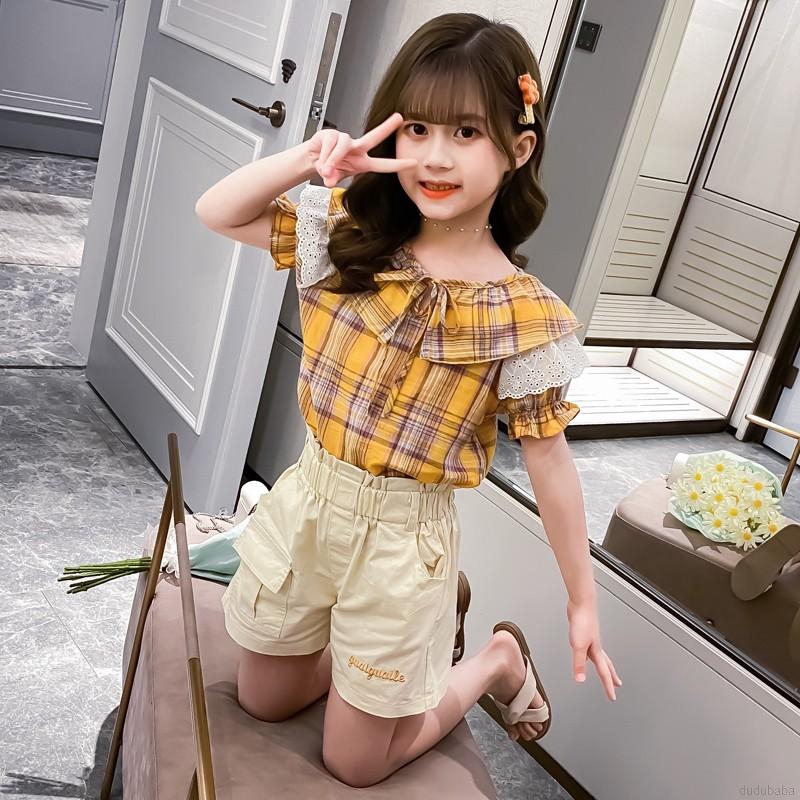 Set Áo Sơ Mi Ngắn Tay + Quần Short Họa Tiết Hoa Cho Bé Gái