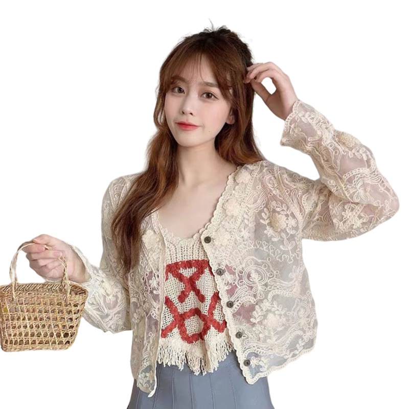 Áo Khoác Cardigan Chống Nắng Tay Dài Dáng Rộng Thêu Hoa Phối Ren Xinh Xắn Cho Nữ