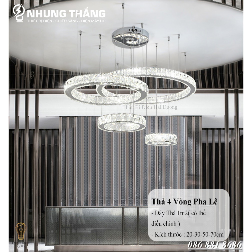 Đèn Thả Trần 4 Vòng Pha Lê CD-110 - Decor Vintage Kiểu Dáng Hiện Đại - 3 Chế Độ Ánh Sáng - Tăng Giảm Ánh Sáng- Có Remote