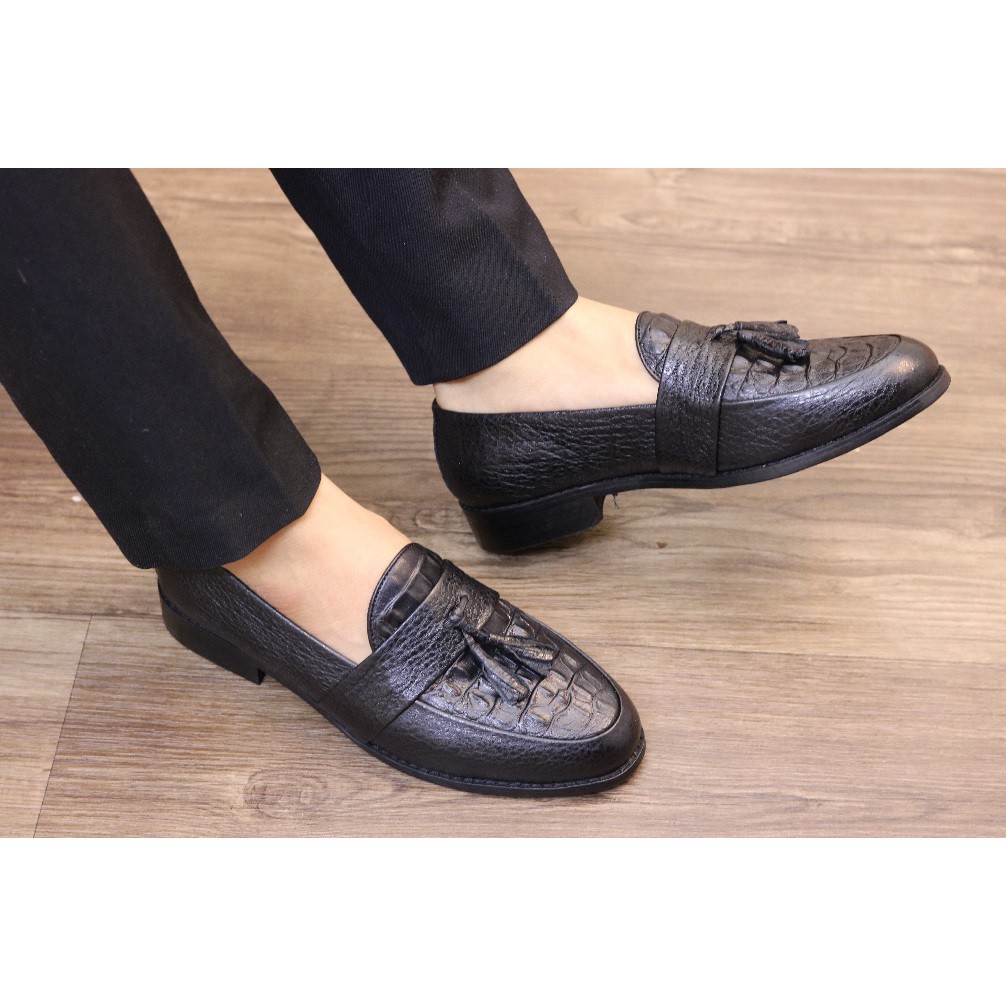 GIÀY LƯỜI GIÀY TÂY NAM DA PU MỀM VÂN CÁ XẤU ĐEN CHUÔNG KIỂU DÁNG HÀN QUỐC