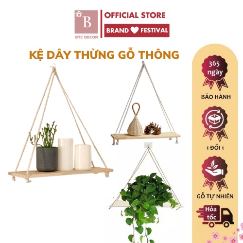 Kệ Gỗ Thông Treo Tường Dây Thừng BTC DECOR Phong Cách Hàn Quốc - Chống mối mọt, chịu lực tốt - Bảo Hành 12 Tháng