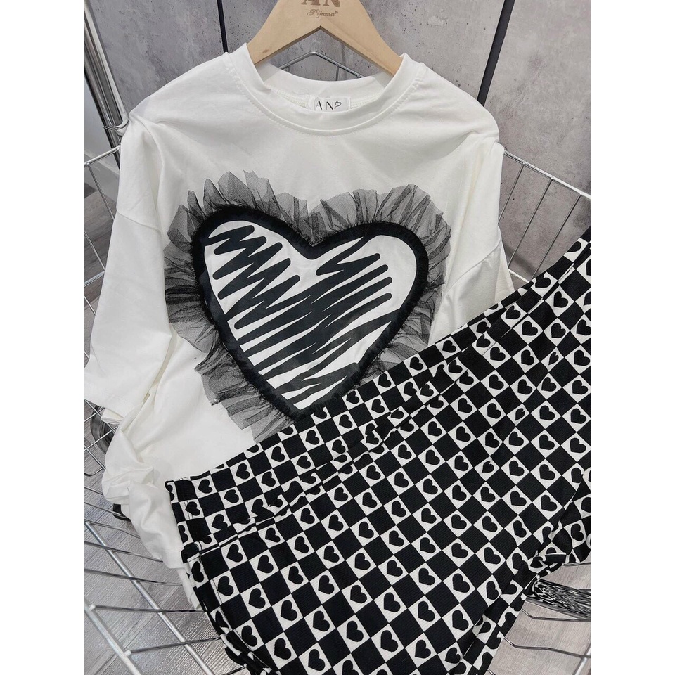 sét bộ cotton quần sọc tim phối áo tim ép 3D túi zip tem mác đầy đủ