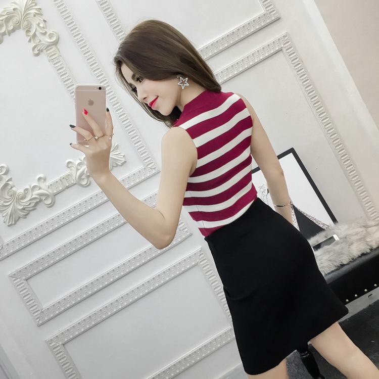 Áo len nữ khóa kéo sọc ngang Hàn Quốc, Áo sát nách nữ khóa kéo sexy dáng đẹp kiểu Hàn Quốc