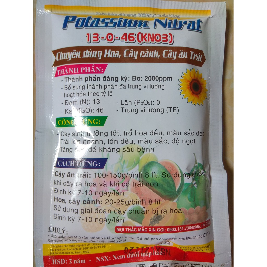 Phân bón NPK 13-0-46 giúp lớn trái, đẹp trái - gói 200 gram BIOMAX