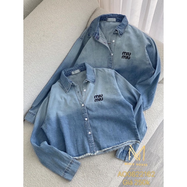 áo sơ mi jeans croptop tay dài thêu túi form rộng đẹp ạ hình thật ( kèm video)