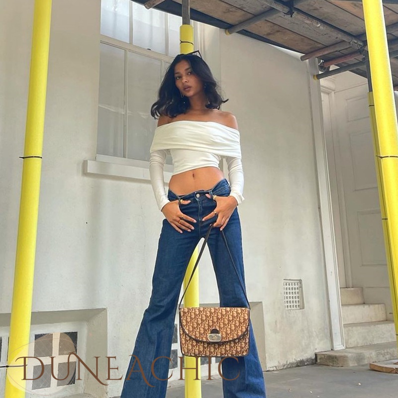 DUNEA Áo kiểu tay dài trễ vai màu trơn phong cách đường phố cho nữ