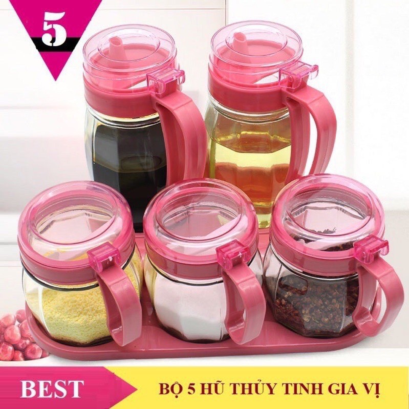 Bộ Gia Vị Thủy Tinh 5 Món Cao Cấp Có Tay Cầm Tiện Lợi