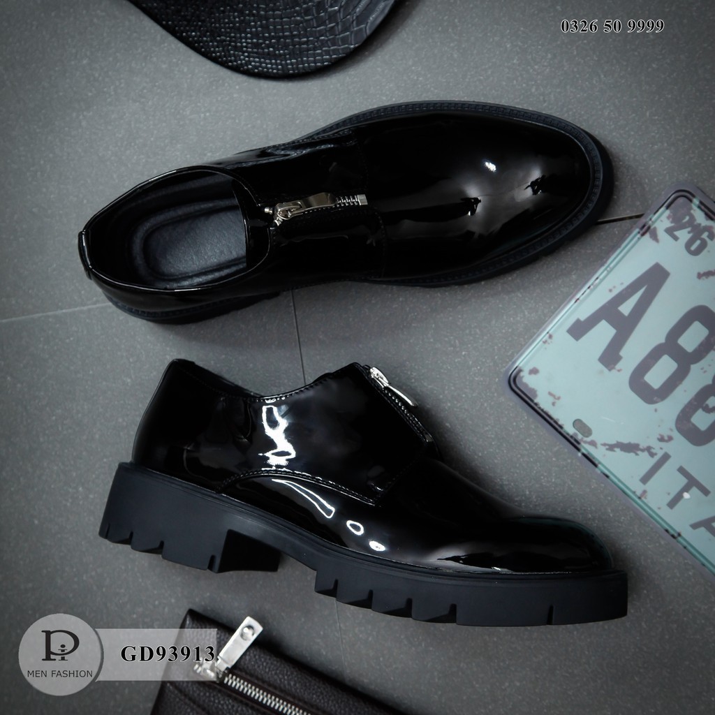 Giày nam cổ thấp chất liệu da trơn bóng có khóa trước tiện lợi thời trang GD93913