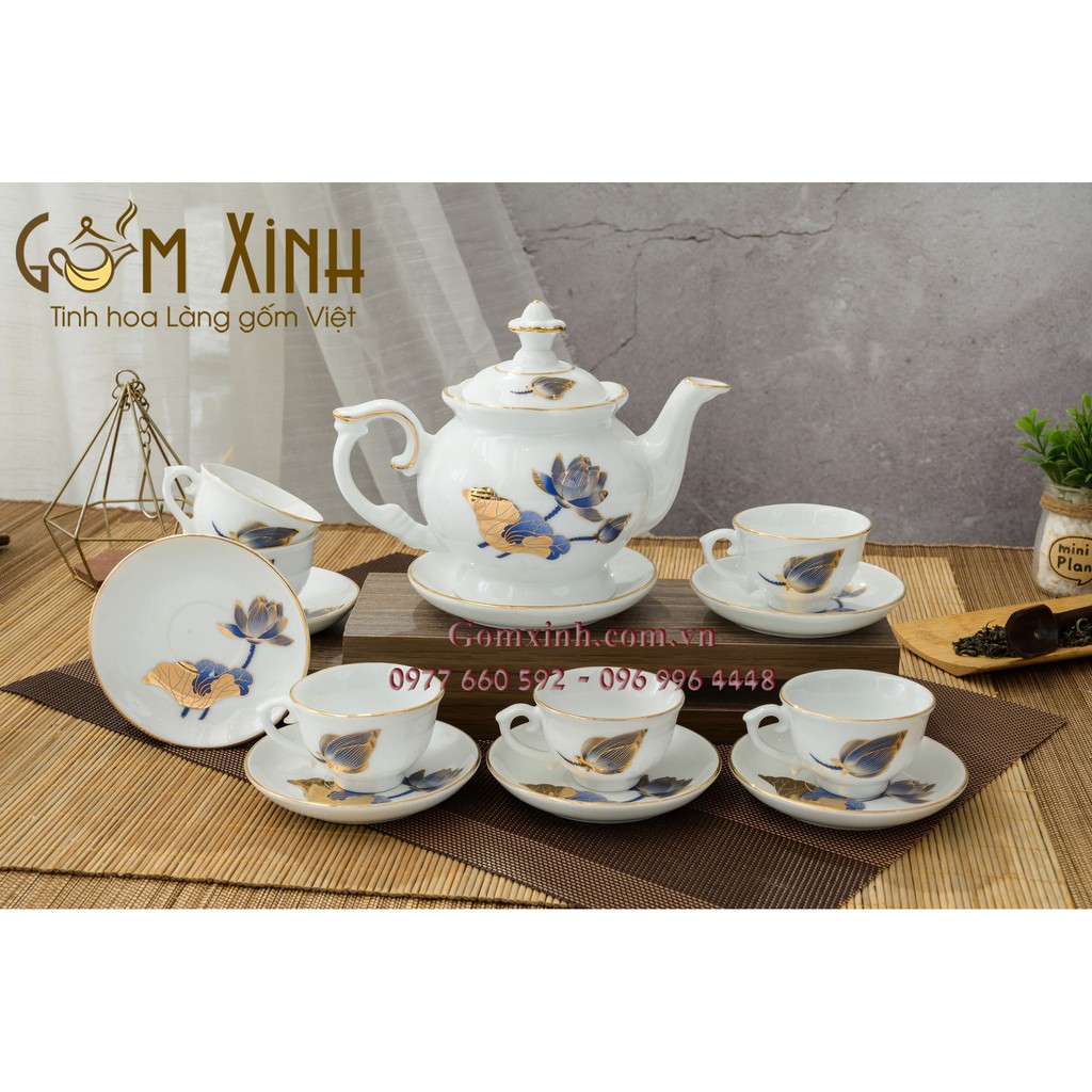 ấm chén Bát Tràng_Bộ bình trà Phú Quý sen xanh vàng kim
