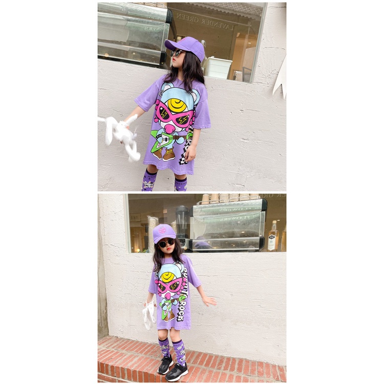 Đầm Thun Ngắn Tay In Họa Tiết Hoạt Hình Dễ Thương Dành Cho Bé Gái