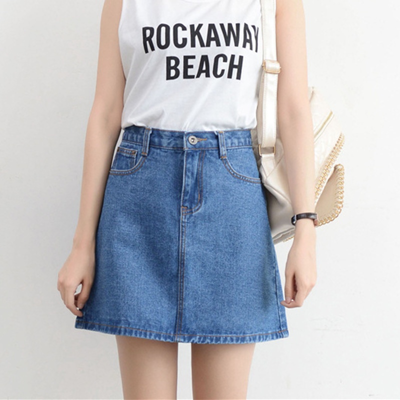 Chân Váy Jean Chữ A Lưng Cao Màu Trơn Phối Túi Thời Trang Cho Nữ