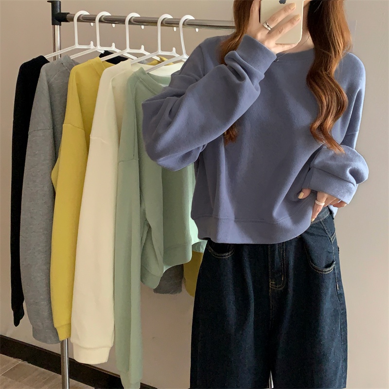 Áo nỉ nữ SUXI dài tay cổ tròn dáng rộng phong cách Hàn Quốc thời trang