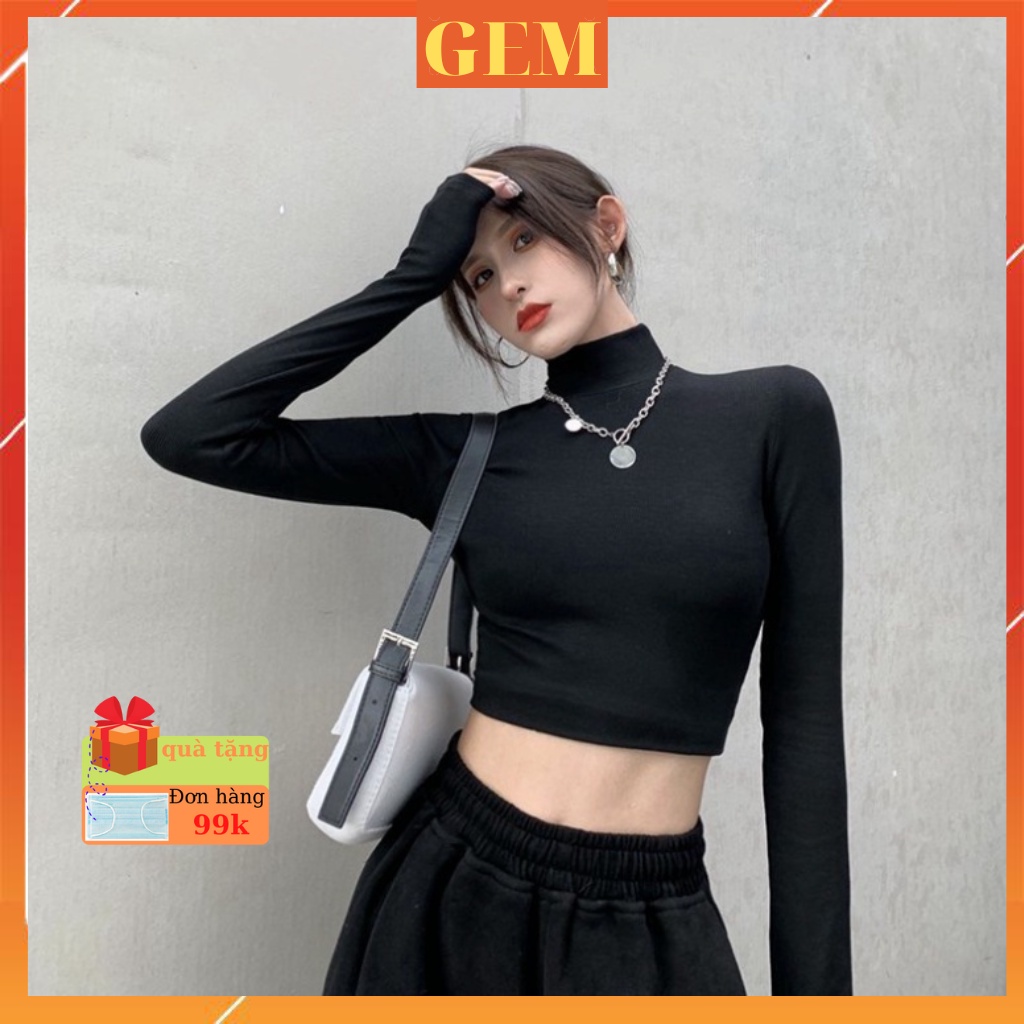Áo croptop tay dài cổ lọ ôm body , áo thun nữ cổ cao