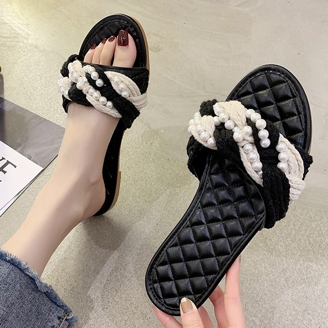 Dép Mũi Tròn Đính Ngọc Trai Size 35-40 Thời Trang Cổ Điển Cho Nữ