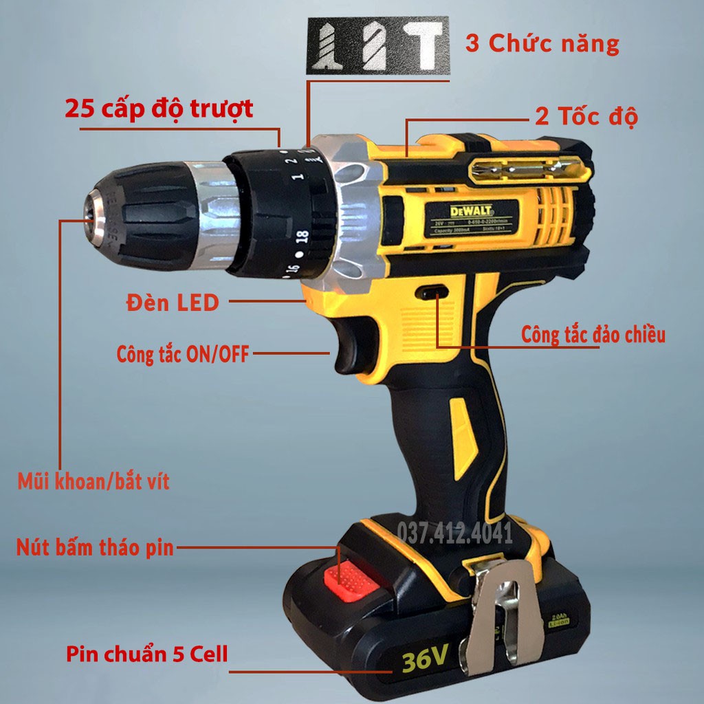 Khoan Pin DEWALT 36V kèm Bộ Dụng Cụ 24 Chi Tiết - CÓ BÚA