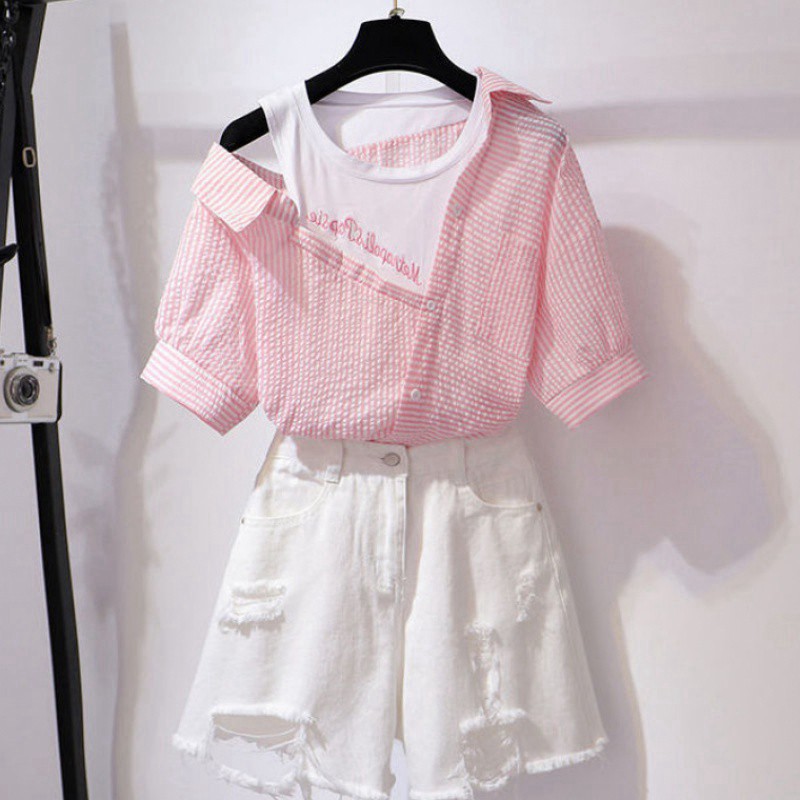 SET Áo Sơ Mi Lệch Vai + Quần Short Denim Rách Lưới