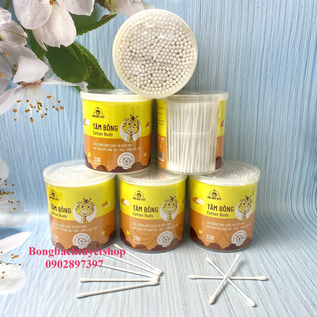 Tăm Bông Cho Bé 336 Que HỘP TRÒN XOAY - Tăm Bông Kotton Care For Kid HỘP TRÒN Bông Bạch Tuyết