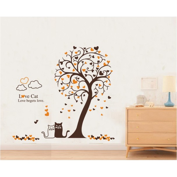 Decal trang trí tường Cây Trái Tim và Cặp Mèo đáng yêu Love Cat