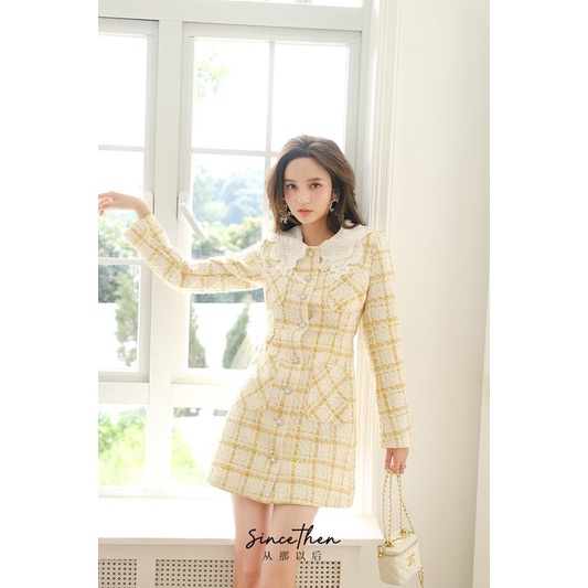 Váy dạ vải tweed màu vàng tiểu thư cao cấp
