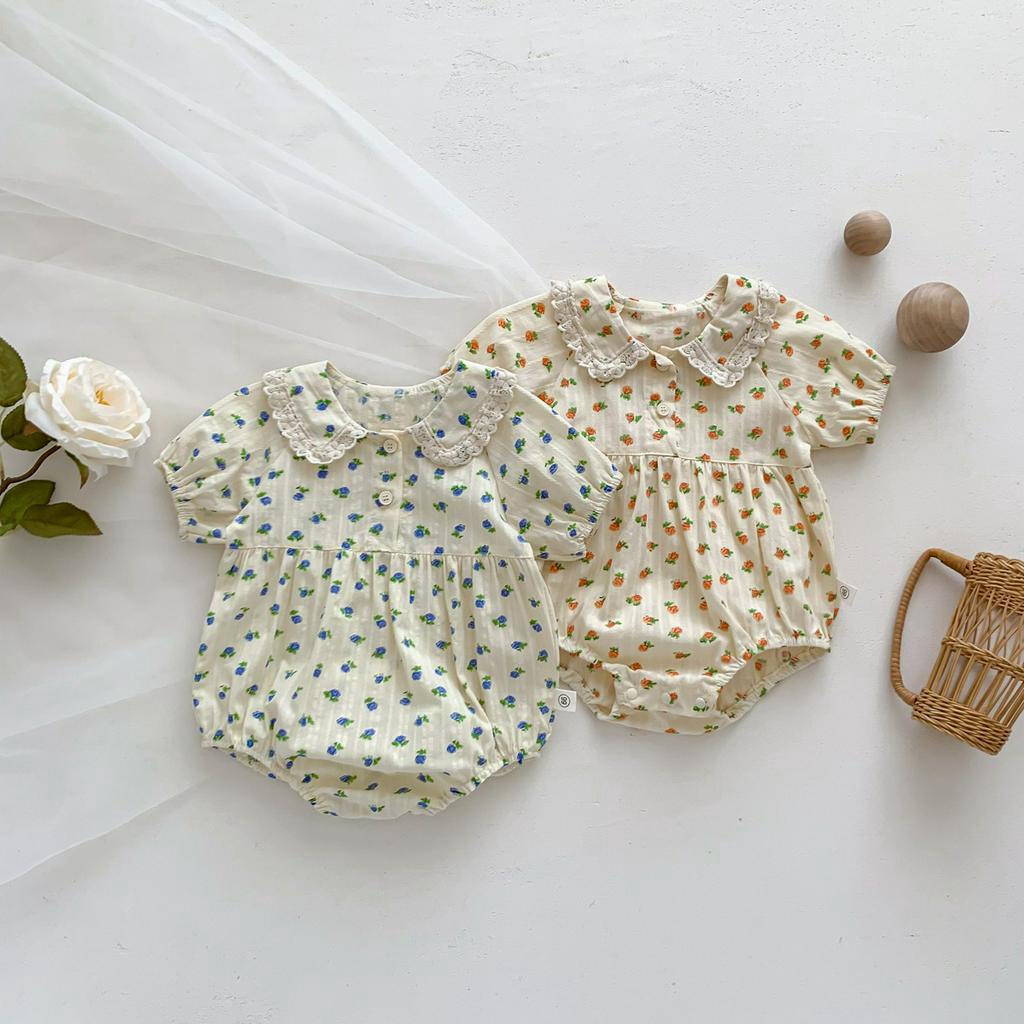 Bộ Áo Liền Quần Tay Ngắn Vải Cotton In Hoa Xinh Xắn Cho Bé Gái Từ 0-2 Tuổi