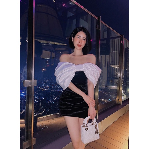 Đầm boby nhún trễ vai nơ cao