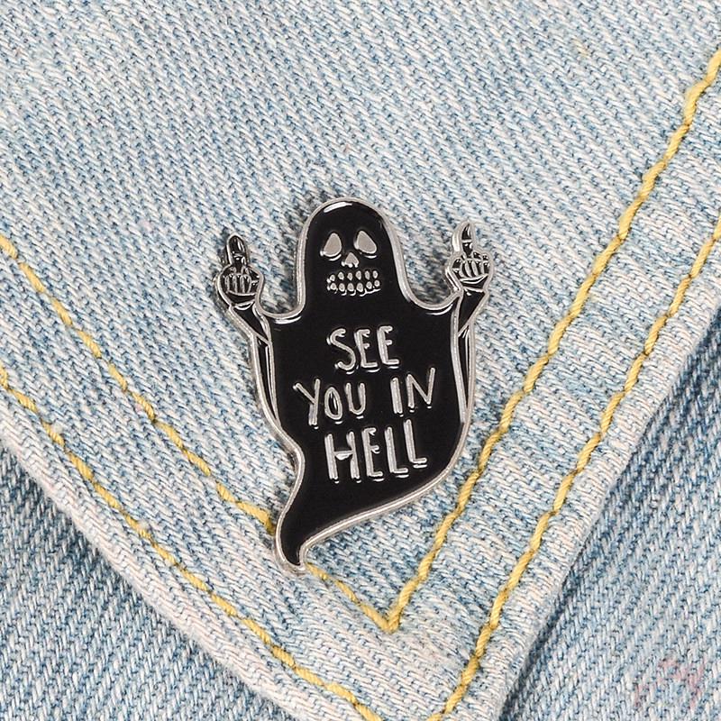 Ghim cài áo hình bóng ma phối chữ See You in Hell độc đáo