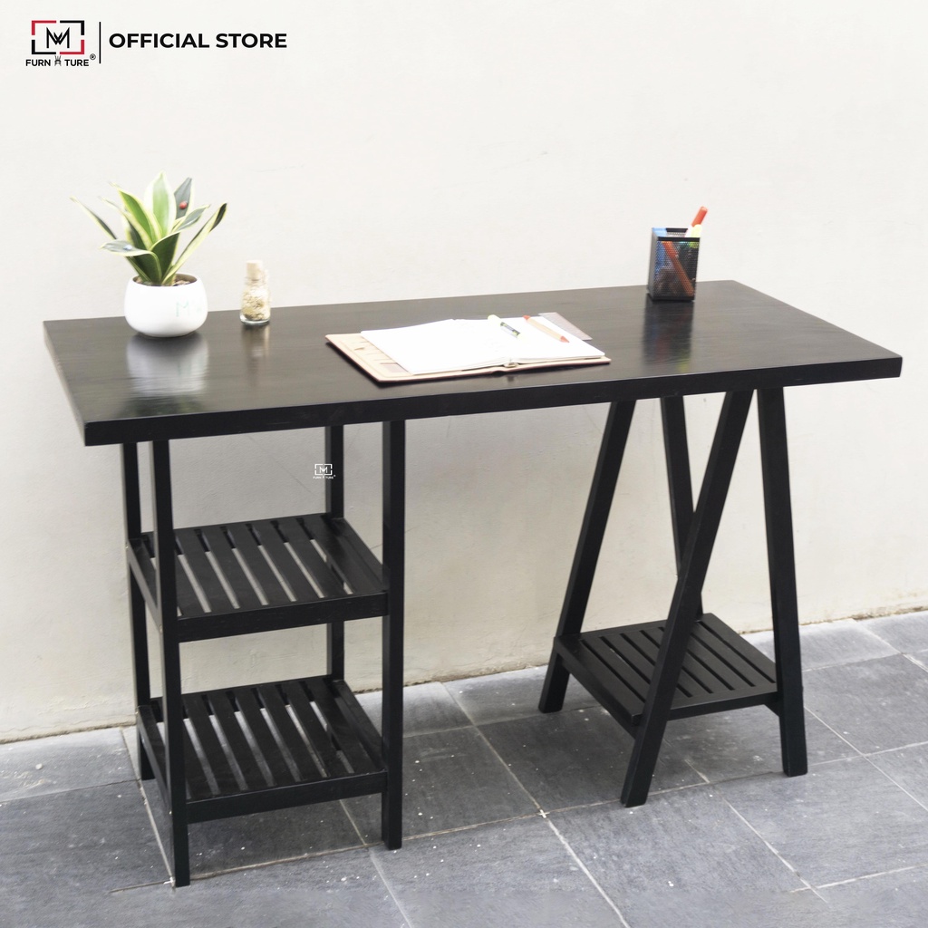 Bàn học làm việc có kệ chân tháp màu trắng thương hiệu MW FURNITURE - Nội thất căn hộ
