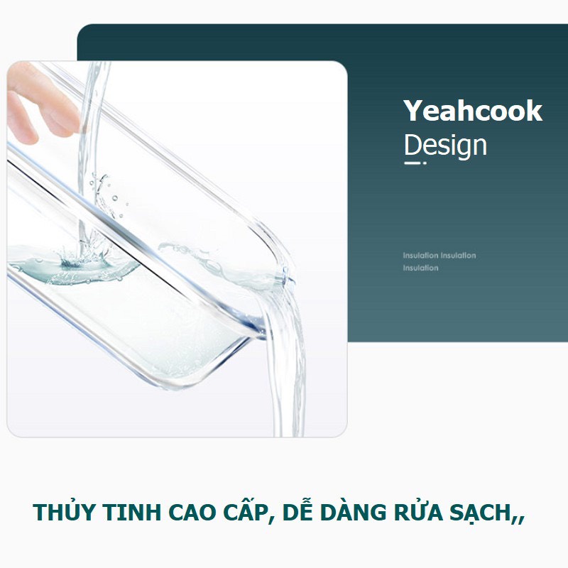 Hộp cơm thủy tinh chia ngăn cao cấp Yeahcook Glass Lunch Box 960ml