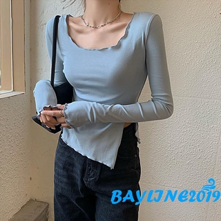  Bay-áo thun xẻ màu trơn dành cho nữ Áo chui đầu viền cổ thuyền dài tay không đều cho mùa xuân mùa thu 
