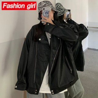 Áo Khoác Da Dáng Rộng Màu Đen Thời Trang Mùa Thu Phong Cách Hàn Quốc Cho Nữ