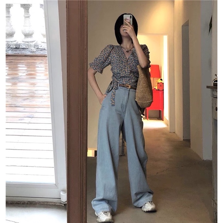 Áo croptop hoa nhí xanh thắt nơ eo dễ thương ulzzang + Kèm Ảnh Thật