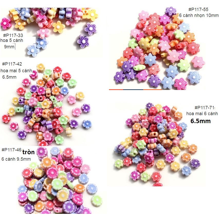 10-25-50gam hạt nhựa hình hoa các kiểu từ 6.5-10mm màu mờ có lỗ xỏ
