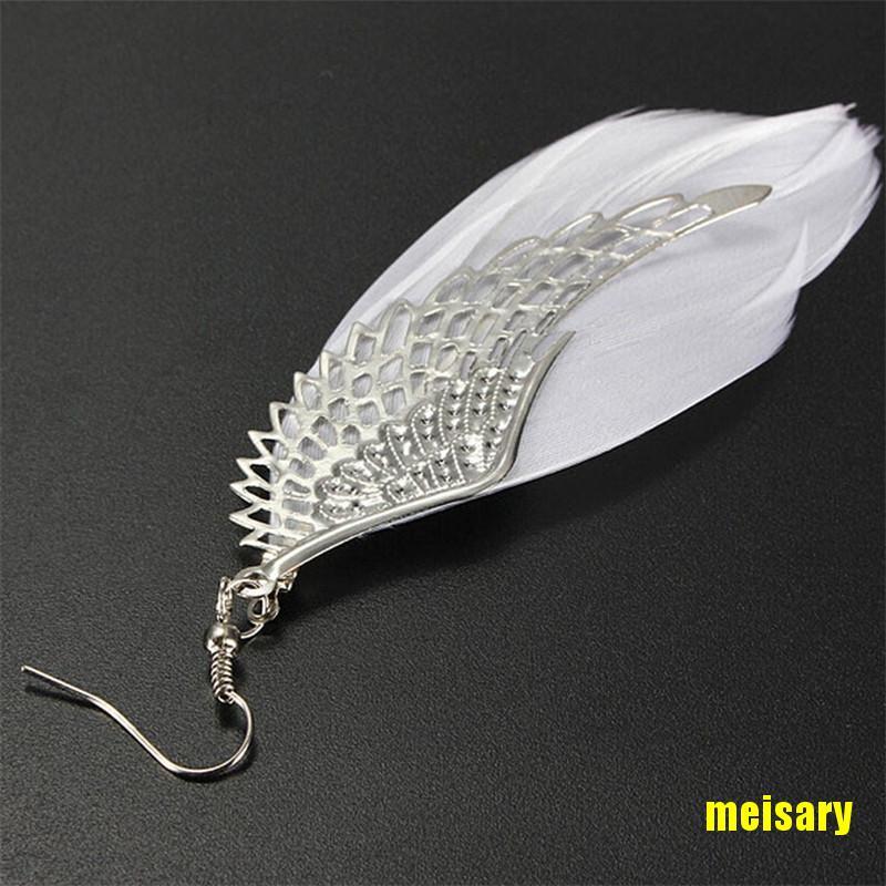 [mei] Angel Wing White Feather Dangle Earring Fashion Jewelry Long Earrings for Women eqrr