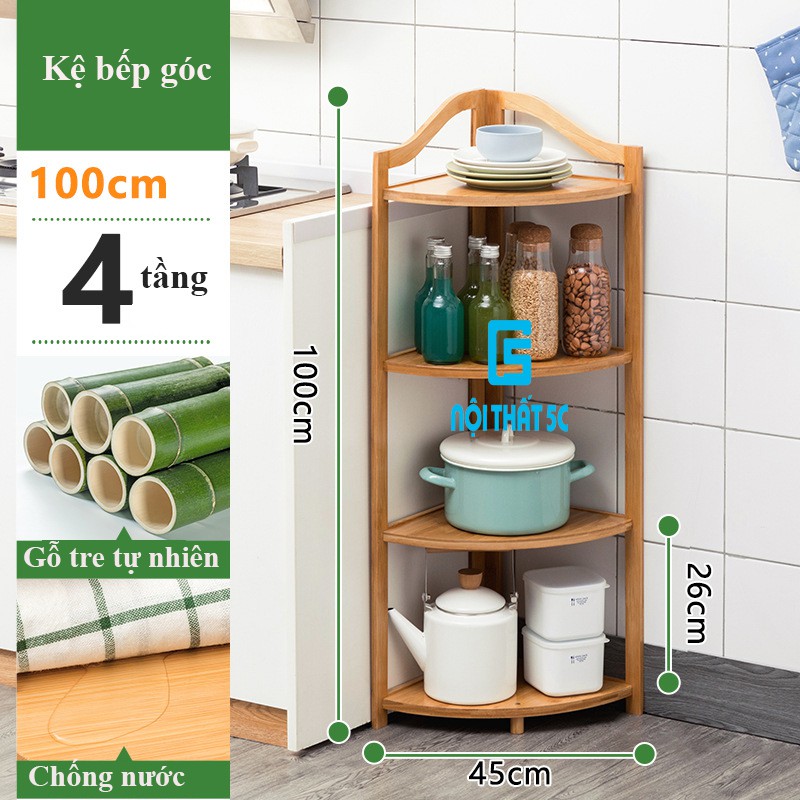 KỆ ĐỂ ĐỒ BẾP, KỆ ĐA NĂNG GÓC TƯỜNG BẰNG GỖ TRE CAO CẤP - KỆ GÓC 4 TẦNG, 5 TẦNG