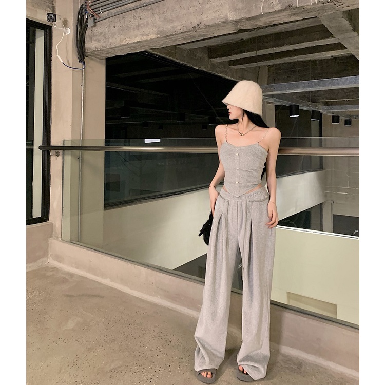 Set áo 2 dây xích croptop xám hở eo thon vai sexy thể thao+quần dài lưng thun chân ống rộng cột rút ulzzang